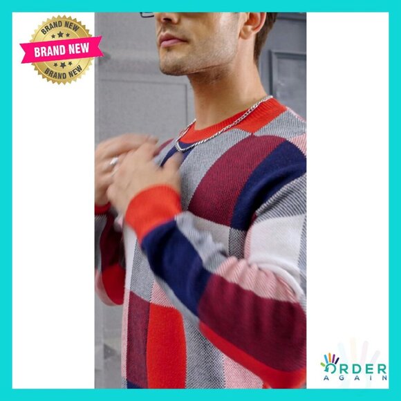 Color Block Plaid Pullover Sweater Long Sleeve Crew Neck Classic Preppy - Picture 6 of 7